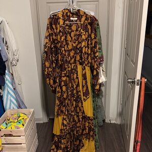 Anthropologie Long Sleeve Floral Dress in Yellow and Brown